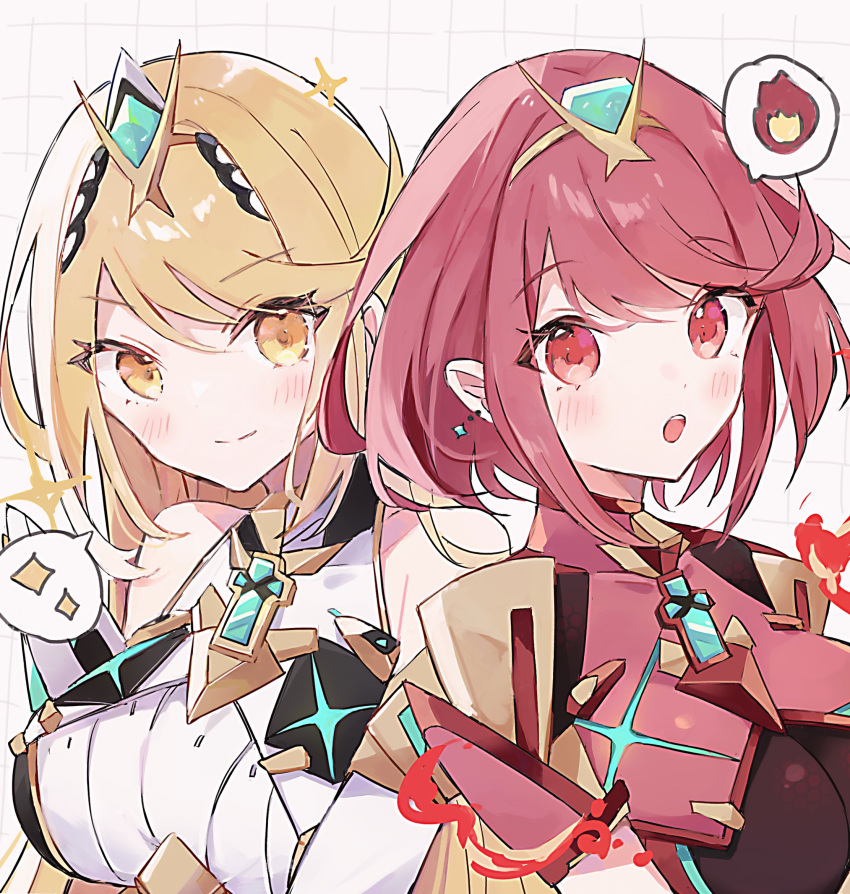 2girls ayametoru bare_shoulders blonde_hair bob_cut breasts chest_jewel dress drop_earrings earrings highres impossible_clothes jewelry large_breasts long_hair multiple_girls mythra_(massive_melee)_(xenoblade) mythra_(xenoblade) neon_trim pyra_(xenoblade) red_eyes red_hair short_dress short_sleeves skindentation skirt sleeveless sleeveless_dress super_smash_bros. swept_bangs tiara upper_body very_long_hair white_dress white_skirt xenoblade_chronicles_(series) xenoblade_chronicles_2 yellow_eyes