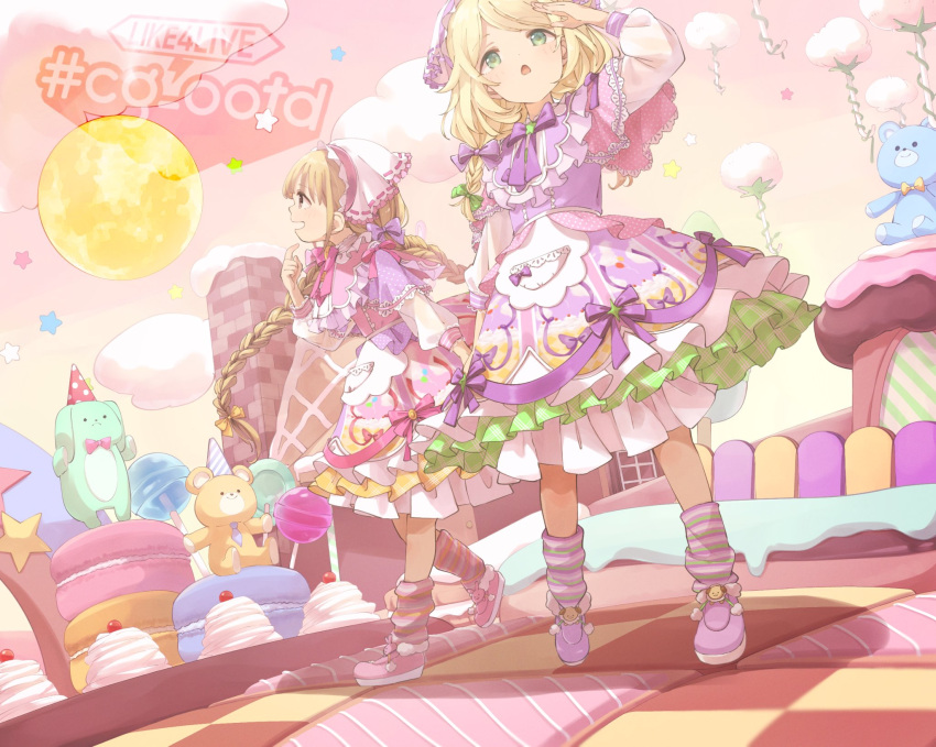 2girls arm_up beaky45779868 blonde_hair blush bow bowtie braid breasts brown_eyes candy capelet chocolate cloud cookie corset cream dress flat_chest food frilled_dress frills full_body full_moon futaba_anzu green_eyes green_ribbon hair_bow hair_ribbon hairband hand_up highres hood hoodie idolmaster idolmaster_cinderella_girls idolmaster_cinderella_girls_starlight_stage layered_skirt lollipop long_hair long_sleeves low_twintails macaron moon multicolored_clothes multicolored_dress multiple_girls open_mouth pink_bow pink_bowtie pink_capelet pink_corset pink_footwear polka_dot_capelet purple_capelet purple_corset purple_footwear purple_ribbon red_hairband red_ribbon ribbon ribbon-trimmed_skirt ribbon_trim shoes skirt small_breasts smile socks standing star_(symbol) star_ornament striped striped_socks stuffed_animal stuffed_toy twin_braids twintails very_long_hair white_hoodie yusa_kozue