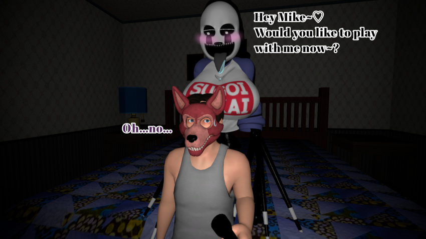 16:9 ambiguous_gender animal_mask breasts clothing duo english_text five_nights_at_freddy's five_nights_at_freddy's_4 flashlight fox_mask hi_res human male mammal mask michael_afton nightmarionne_(fnaf) oh_no scottgames shirt sugoi_dekai tank_top text topwear widescreen yuuki_momofox_(artist)