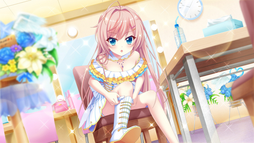1girl ahoge analog_clock bag bare_legs bare_shoulders blue_eyes blue_flower blue_rose blue_stripes blurry blurry_foreground bottle breasts ceiling cleavage clock collarbone dot_nose dress dressing drinking_straw dutch_angle film_grain flower frilled_dress frills game_cg hair_down hair_ornament hairclip handbag himura_nagisa izumi_tsubasu jewelry leaning_forward lens_flare long_hair mirror necklace non-web_source off-shoulder_dress off_shoulder official_art on_chair open_mouth pink_bag pink_hair plant potted_plant purple_flower re:stage! rose sitting skirt solo sparkle striped striped_skirt swept_bangs table tile_ceiling tiles tissue_box vanity_table vertical-striped_skirt vertical_stripes very_long_hair water_bottle white_dress white_flower white_footwear wooden_table yellow_flower