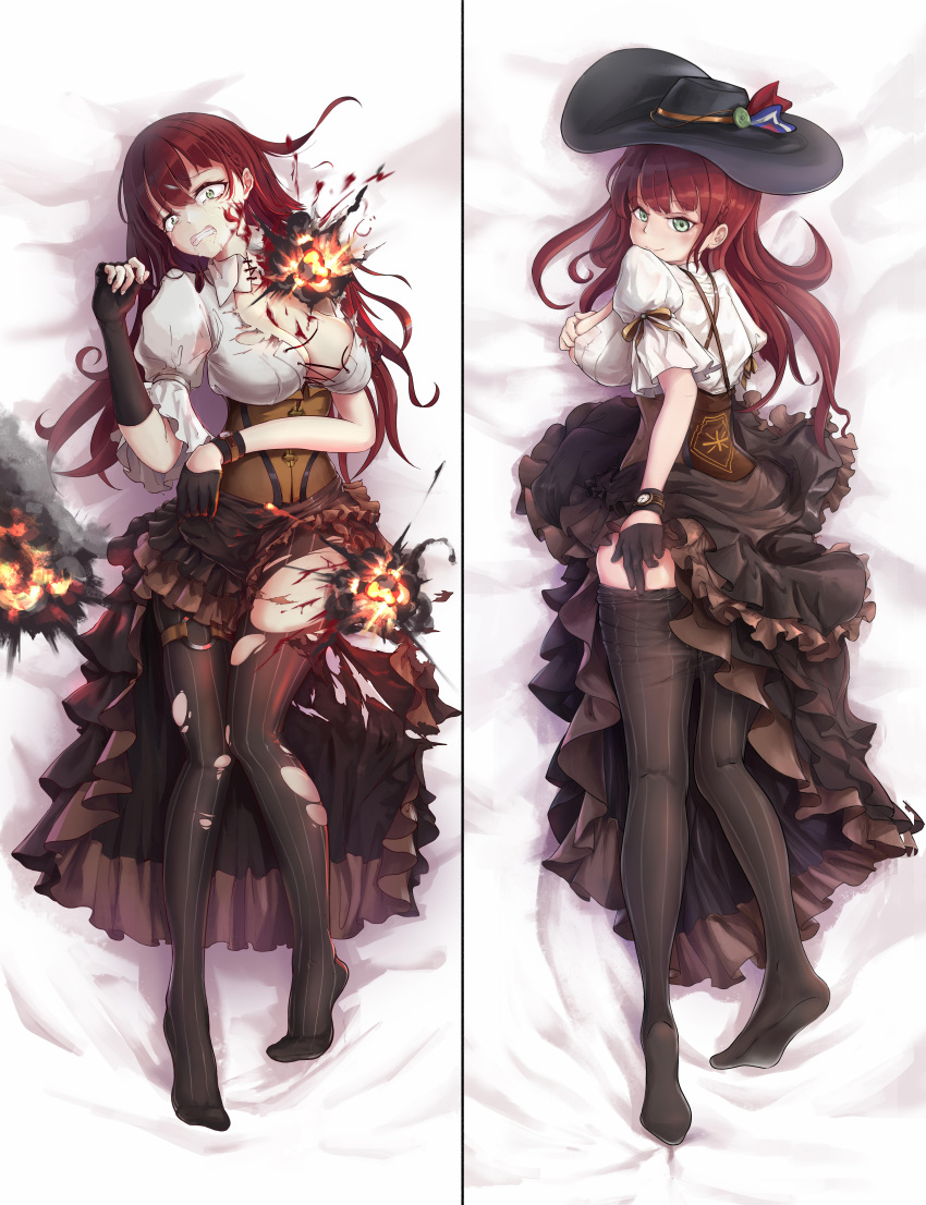 1girl absurdres ass asymmetrical_gloves black_gloves black_headwear black_skirt black_thighhighs blood breasts corset crown_hat dakimakura_(medium) explosion fingerless_gloves formidable_(warship_girls_r) gloves green_eyes half_gloves high-low_skirt highres large_breasts large_hat lolipantherwww long_hair red_hair shirt skirt striped striped_thighhighs thighhighs torn_clothes torn_thighhighs vertical-striped_thighhighs vertical_stripes warship_girls_r white_shirt