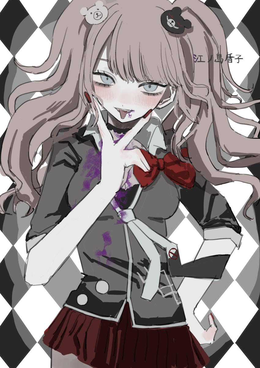 1girl :p absurdres bear_hair_ornament black_background blonde_hair blood blood_on_face blush bow breasts commentary_request danganronpa:_trigger_happy_havoc danganronpa_(series) enoshima_junko grey_eyes hair_ornament highres long_hair medium_breasts miniskirt nail_polish pink_blood qian_(ochaatui33) red_bow red_nails red_skirt shirt short_sleeves skirt smile solo tongue tongue_out translation_request v white_background