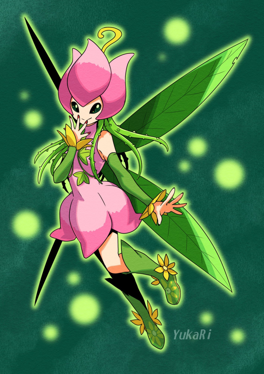 1girl artist_name boots detached_sleeves digimon digimon_(creature) dress fairy flower full_body green_background green_footwear green_sleeves hair_vines highres knee_boots leaf_wings lilimon looking_at_viewer monster_girl nail_polish petals pink_dress plant_girl solo yukari_(yukari21653710)