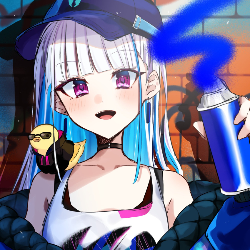 1girl animal_on_shoulder bare_shoulders baseball_cap bird bird_on_shoulder black_choker black_tank_top blue_hair blue_headwear blue_jacket blunt_bangs blush chick choker colored_inner_hair earrings graffiti grey_socks hat highres hood hoodie jacket jewelry lize_helesta lize_helesta_(9th_costume) long_hair looking_at_viewer multicolored_hair nijisanji off_shoulder open_mouth partially_unzipped purple_eyes sebastian_piyodore socks solo spray_can spray_paint spraying sunglasses tank_top two-tone_hair two_side_up very_long_hair virtual_youtuber wall white_hair white_tank_top yukino_0306