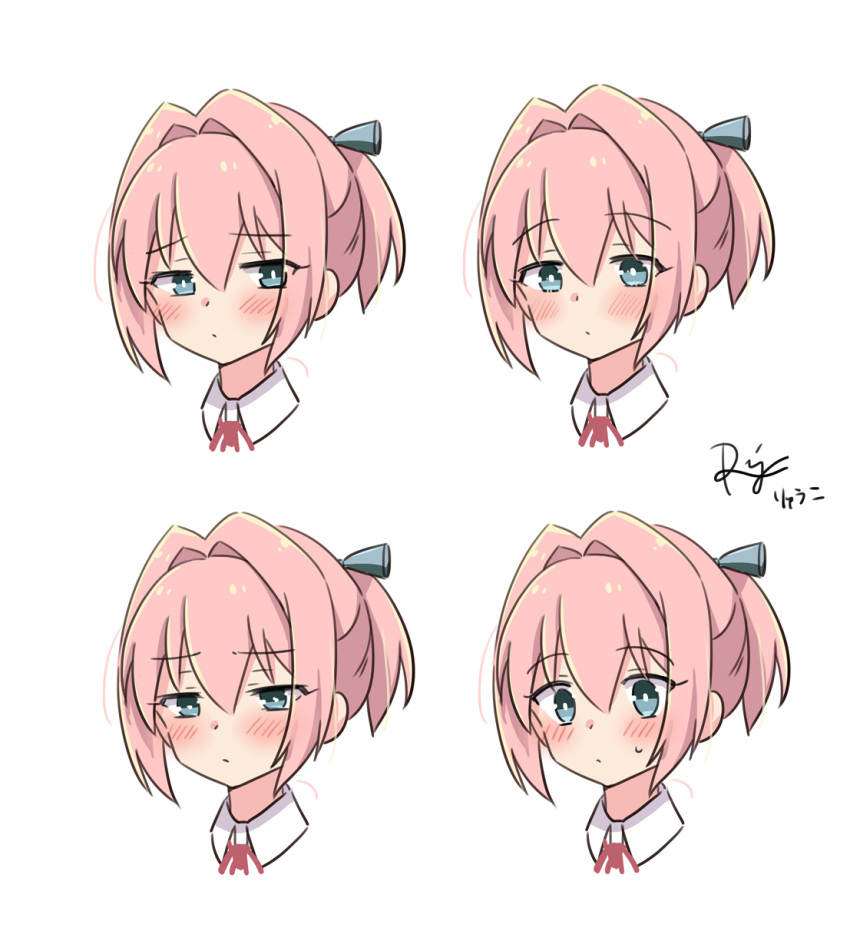 1girl aqua_eyes blue_eyes blush commentary_request expressions head_only highres kantai_collection multiple_views nose_blush pink_hair ponytail r-king shiranui_(kancolle) short_hair signature simple_background twitter_username upper_body white_background