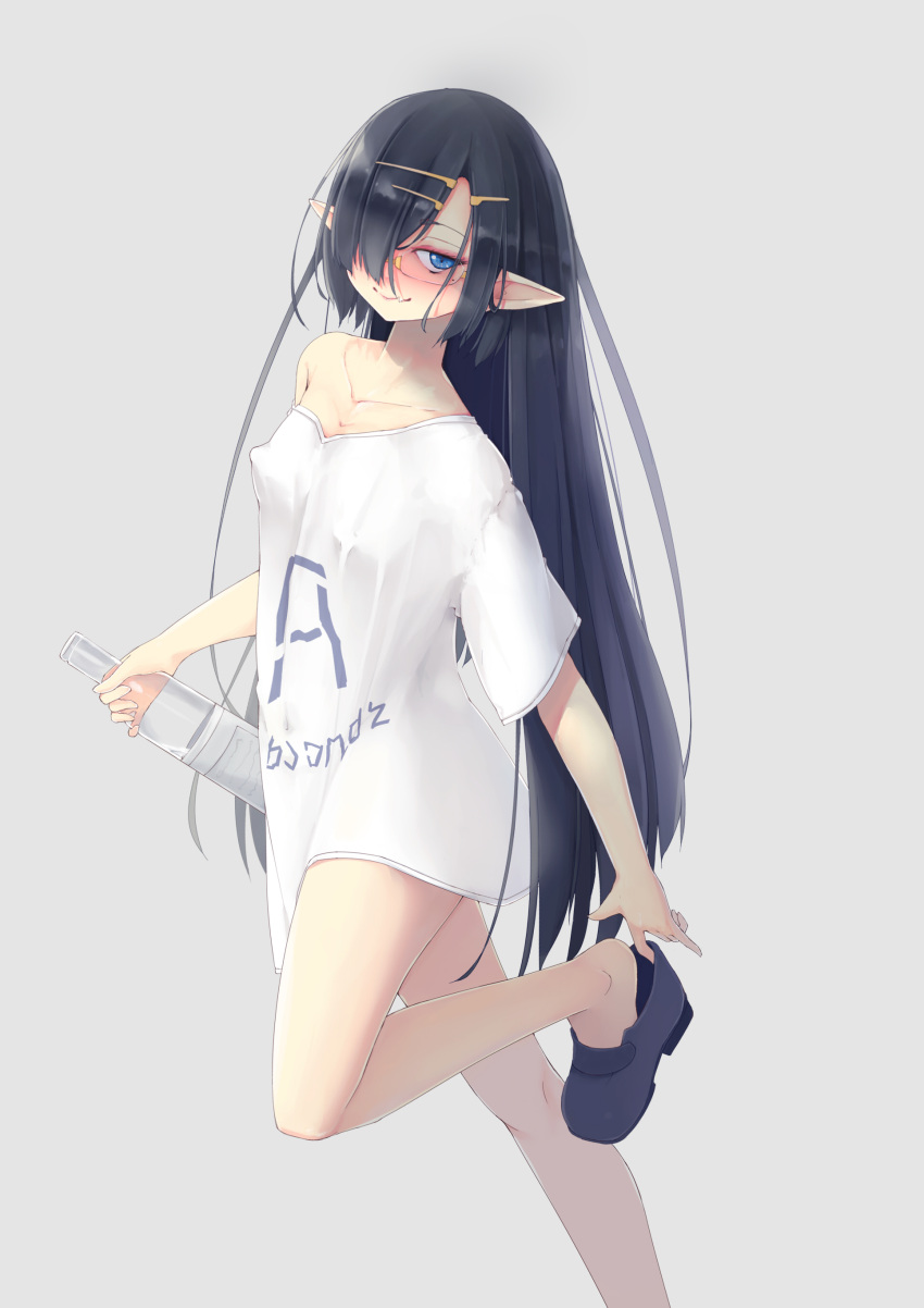 1girl absurdres black_footwear black_hair blue_eyes bottle clothes_writing covered_nipples fang foot_out_of_frame hair_ornament hair_over_one_eye hairclip highres holding holding_bottle kearful long_hair long_shirt looking_at_viewer loose_clothes loose_shirt off-shoulder_shirt off_shoulder one_eye_covered original pointy_ears putting_on_shoes rimless_eyewear shirt skin_fang smile smug standing standing_on_one_leg very_long_hair white_shirt