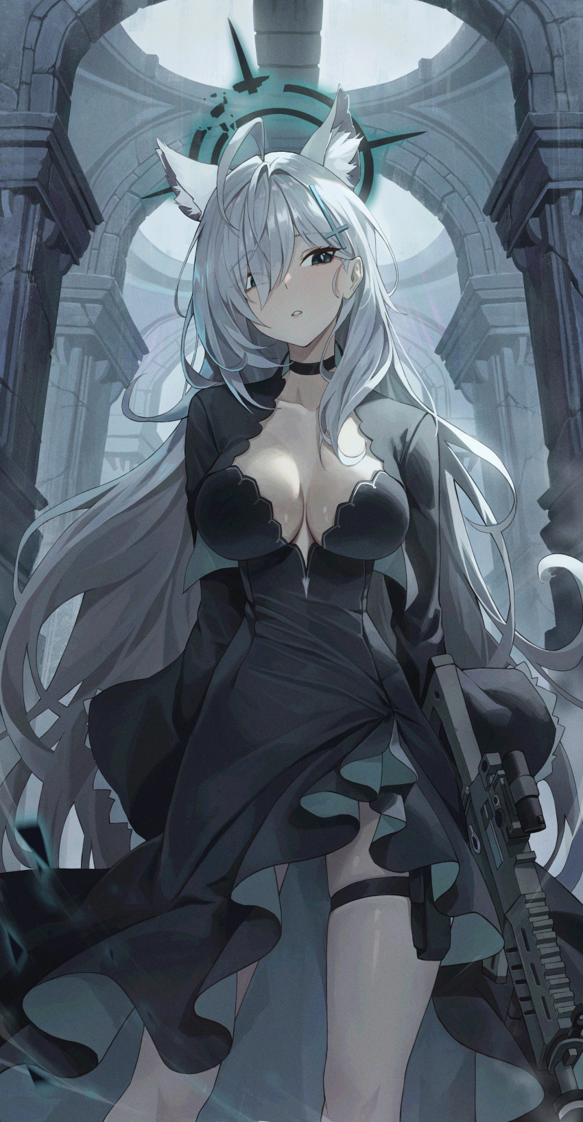 1girl absurdres animal_ear_fluff animal_ears assault_rifle black_choker black_dress blue_archive blue_eyes breasts broken_halo choker cleavage cross_hair_ornament dark_halo dress extra_ears frilled_sleeves frills gloves grey_hair gun hair_between_eyes hair_ornament halo highres long_hair long_sleeves medium_breasts mismatched_pupils netural rifle shiroko_(blue_archive) shiroko_(terror)_(blue_archive) sig_sauer sig_sauer_556 solo thigh_strap weapon wide_sleeves wolf_ears