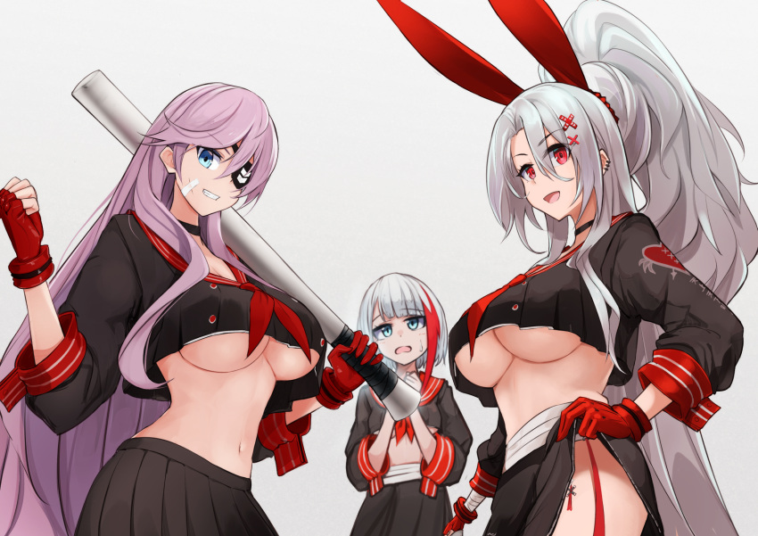 3girls :d admiral_graf_spee_(azur_lane) azur_lane bandaid bandaid_on_cheek bandaid_on_face bangs baseball_bat bikini black_choker black_shirt black_skirt blue_eyes breasts buttons choker clenched_hand clothes_lift commentary_request cosplay cowboy_shot crop_top cropped_shirt double-breasted ear_piercing eyepatch fingerless_gloves garter_straps gloves grin hair_between_eyes hair_ornament hair_ribbon hand_on_hip hands_up highres holding holding_baseball_bat large_breasts long_hair long_skirt looking_at_viewer marshall_k medium_breasts mismatched_bikini multicolored_hair multiple_girls navel neckerchief open_mouth piercing pink_hair ponytail prinz_heinrich_(azur_lane) prinz_heinrich_(azur_lane)_(cosplay) prinz_heinrich_(secret_boss_o'_the_underworld?)_(azur_lane) red_eyes red_gloves red_hair red_neckerchief red_ribbon red_sailor_collar ribbon sailor_collar scharnhorst_(azur_lane) shirt short_hair sidelocks simple_background single_fingerless_glove skirt skirt_lift smile standing stomach streaked_hair sweat swimsuit teeth underboob very_long_hair white_background white_hair x_hair_ornament