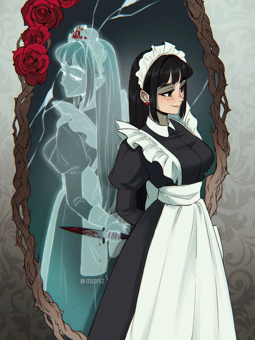 1girl apron black_dress black_eyes black_hair blood blood_on_clothes blood_on_knife blush breasts collared_dress different_reflection dress earrings flower hair_behind_ear highres holding holding_knife itslopezz jewelry juliet_sleeves knife long_hair long_sleeves maid maid_apron maid_headdress medium_breasts original plant puffy_sleeves red_flower red_rose reflection rose smile solo spanish_commentary twitter_username very_long_hair vines