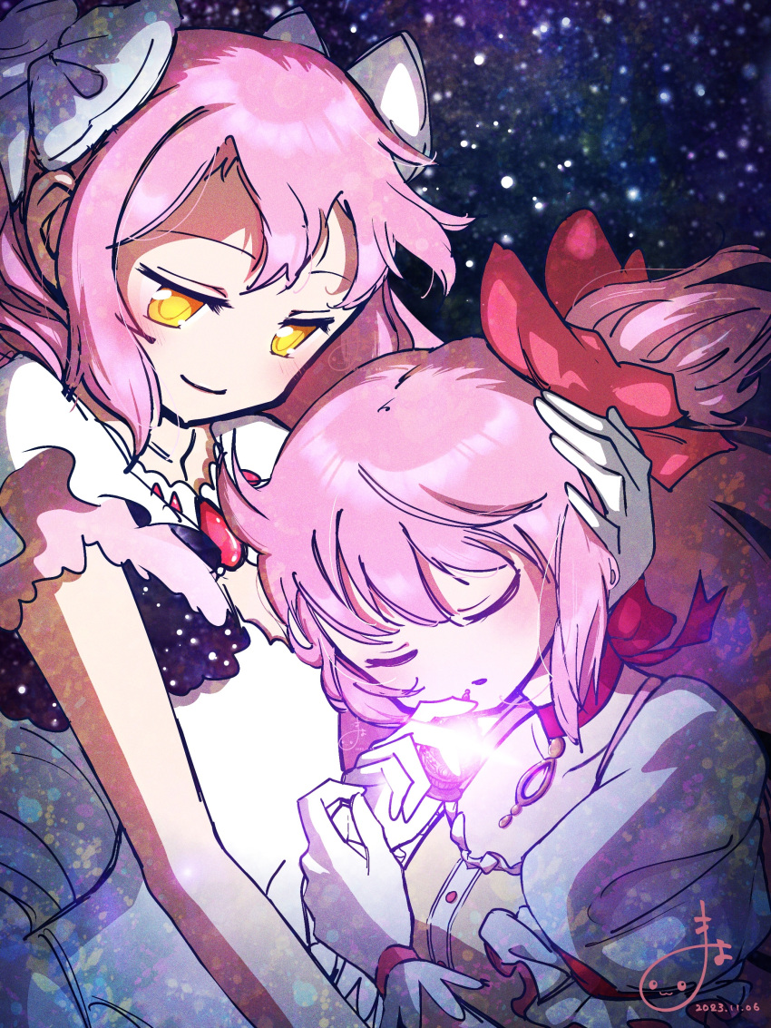 2girls absurdres bow caress closed_eyes closed_mouth commentary dated dress dual_persona gloves hair_bow hands_up head_rest highres holding holding_another's_head kaname_madoka magical_girl mahou_shoujo_madoka_magica mahou_shoujo_madoka_magica_(anime) medium_hair multiple_girls nmaywo pink_hair puffy_sleeves red_bow short_sleeves sidelocks signature smile soul_gem space twintails ultimate_madoka upper_body white_bow white_gloves yellow_eyes
