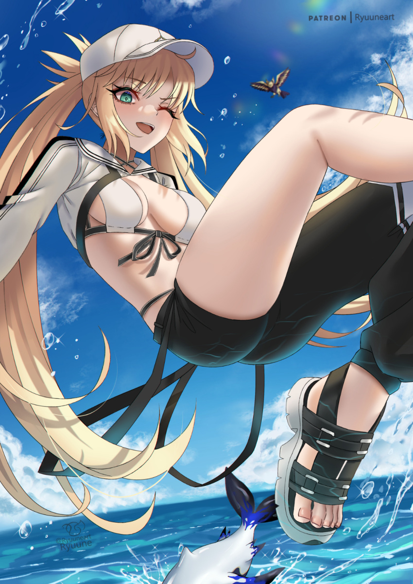 1girl artoria_caster_(fate) artoria_caster_(swimsuit)_(fate) artoria_pendragon_(fate) asymmetrical_clothes baseball_cap bikini black_pants blonde_hair blue_sky blush breasts cleavage cropped_jacket fate/grand_order fate_(series) green_eyes hat highres jacket long_hair long_sleeves looking_at_viewer medium_breasts ocean one_eye_closed pants ryuuneart sandals shrug_(clothing) single_pantsleg sky smile solo swimsuit thighs twintails white_bikini white_headwear white_jacket