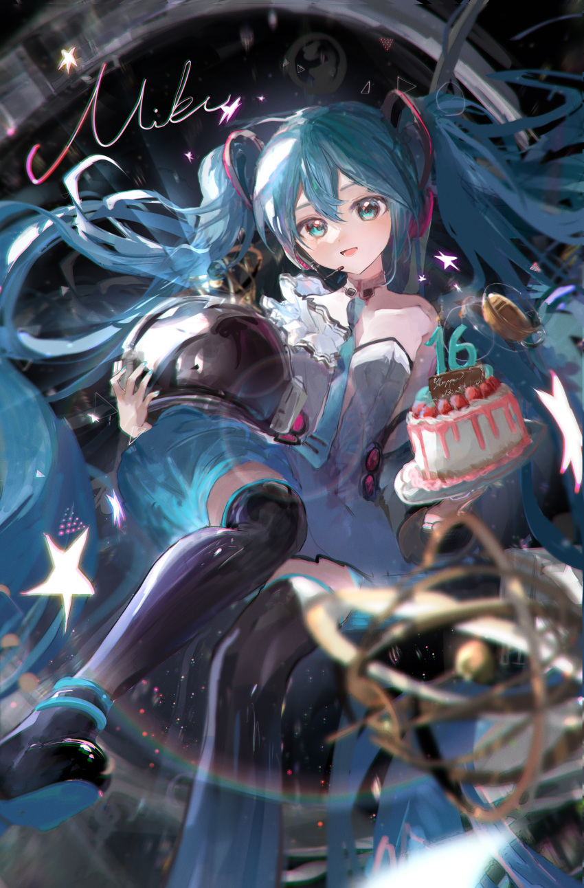 1girl :d absurdres bare_shoulders black_footwear blue_eyes blue_hair blush boots breasts cake character_name cleavage dot_nose dress food foot_out_of_frame hair_between_eyes hatsune_miku head_tilt headset highres holding holding_cake holding_food kikinoki looking_at_viewer microphone open_mouth pleated_dress short_dress small_breasts smile solo strapless strapless_dress thigh_boots twintails vocaloid white_dress