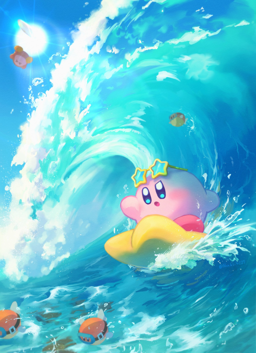 amedama_(akaki_4207) blipper blue_eyes blue_sky blush day eyewear_on_head goggles highres kirby kirby_(series) no_humans ocean open_mouth outdoors sky star-shaped_eyewear surfing waddle_dee warp_star water waves yellow-framed_eyewear