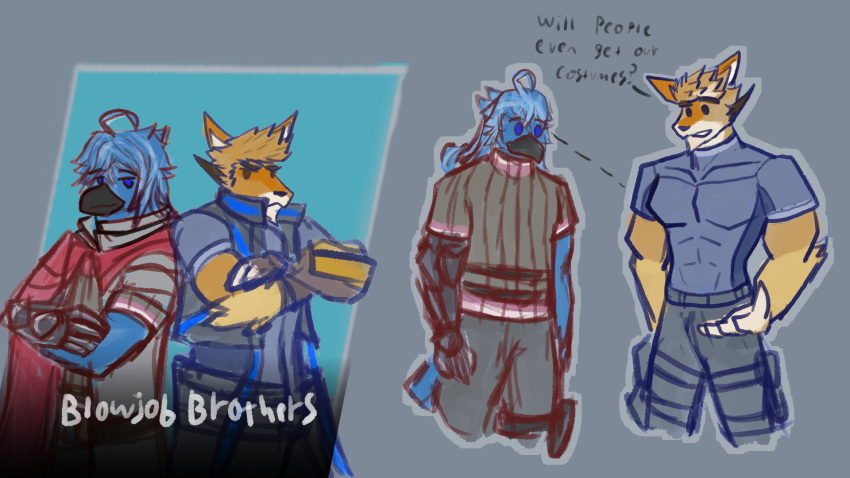 16:9 alberto_(antifreeze) antifreezetea avian bird bluebird canid canine canis clothing cosplay costume coyote eastern_bluebird english_text hi_res male male/male mammal neptune_mereaux oscine passerine staring_at_chest text thrush_(bird) tight_clothing widescreen xenoblade_chronicles_3