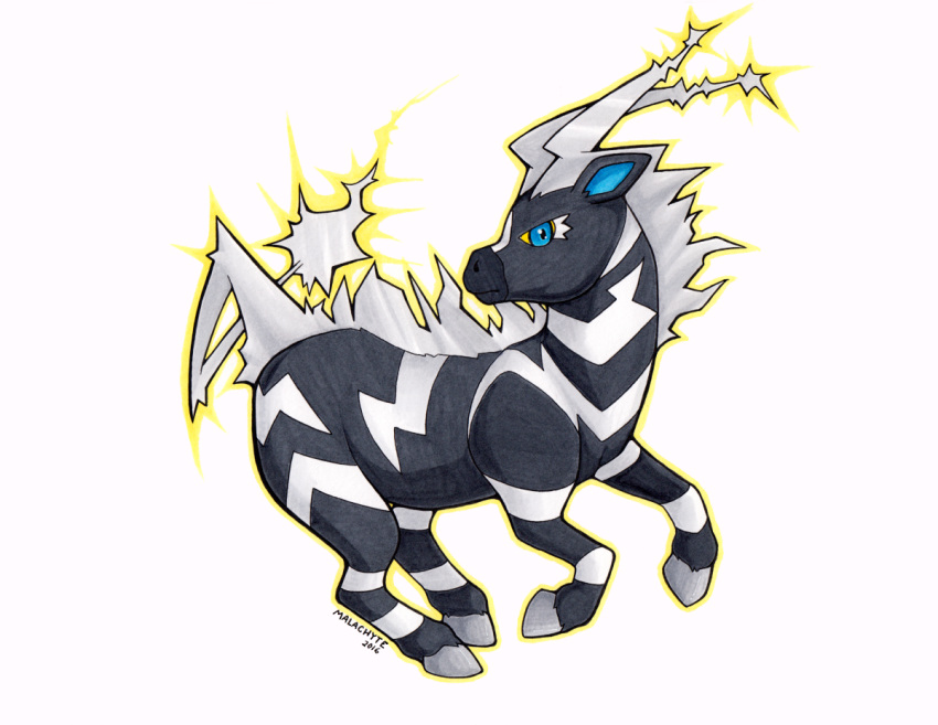 2016 ambiguous_gender black_body blue_eyes electricity feral generation_5_pokemon hooves lightning looking_at_viewer malachyte nintendo pokemon pokemon_(species) quadruped running side_view simple_background solo striped_body stripes unguligrade white_background white_stripes zebstrika