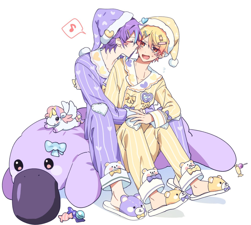 2boys animal_slippers bear_slippers blue_eyes blush blush_stickers bow candy candy_hair_ornament closed_eyes closed_mouth embarrassed flying_sweatdrops food food-themed_hair_ornament full_body fur-trimmed_headwear fur_trim hair_between_eyes hair_ornament hairclip hat heart highres imminent_kiss kamishiro_rui lollipop long_sleeves looking_at_another loveblond male_focus multicolored_hair multiple_boys musical_note nightcap open_mouth orange_eyes pajamas pants pom_pom_(clothes) profile project_sekai purple_bow purple_hair purple_headwear purple_pajamas purple_pants purple_shirt shirt short_hair sidelocks simple_background sitting slippers speech_bubble spoken_musical_note streaked_hair stuffed_animal stuffed_platypus stuffed_toy stuffed_unicorn sweatdrop tenma_tsukasa v-shaped_eyebrows white_background yaoi yellow_bow yellow_headwear yellow_pajamas yellow_pants yellow_shirt