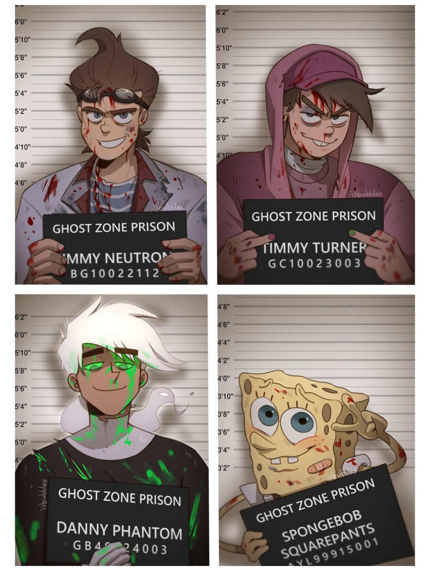 4boys absurdres ahoge animification artist_name bandaid bandaid_on_face barbie_mugshot_(meme) buck_teeth colored_skin crossover daniel_fenton danny_phantom danny_phantom_(character) earrings english_commentary english_text evil_grin evil_smile goggles goggles_on_head green_nails grin height_chart highres holding holding_sign hood hoodie izzy_(izbubbles) jewelry jimmy_neutron jimmy_neutron_(series) looking_at_viewer male_focus meme mugshot multiple_boys nickelodeon outline panels pink_headwear pink_hoodie pink_nails sign smile spongebob_squarepants spongebob_squarepants_(character) teeth the_fairly_oddparents timmy_turner white_hair white_outline yellow_skin