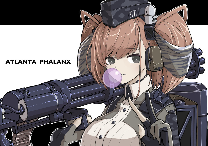 1girl alternate_costume anchor_hair_ornament anti-aircraft anti-aircraft_gun atlanta_(kancolle) black_headwear boushi-ya breasts brown_hair chewing_gum commentary_request dress_shirt earrings garrison_cap gatling_gun gloves grey_eyes hair_ornament hat headphones highres jewelry kantai_collection large_breasts long_hair long_sleeves m61_vulcan minigun partially_fingerless_gloves phalanx_ciws shirt solo star_(symbol) star_earrings two_side_up white_gloves white_shirt