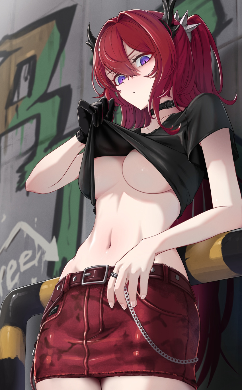 1girl absurdres arknights belt black_choker black_gloves black_shirt breasts choker clothes_lift demon_horns gloves highres horns large_breasts lifted_by_self long_hair looking_at_viewer mildt navel official_alternate_costume purple_eyes red_hair red_skirt shirt shirt_lift short_sleeves single_glove skirt solo stomach surtr_(arknights) surtr_(liberte_echec)_(arknights) underboob very_long_hair