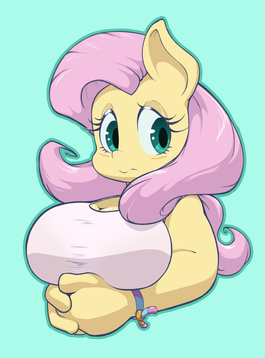 2023 absurd_res anthro big_breasts blush breasts cleavage clothed clothing equid equine female fluttershy_(mlp) four-pundo friendship_is_magic green_eyes hair hasbro hi_res horse huge_breasts mammal my_little_pony pink_hair pony simple_background solo yellow_body