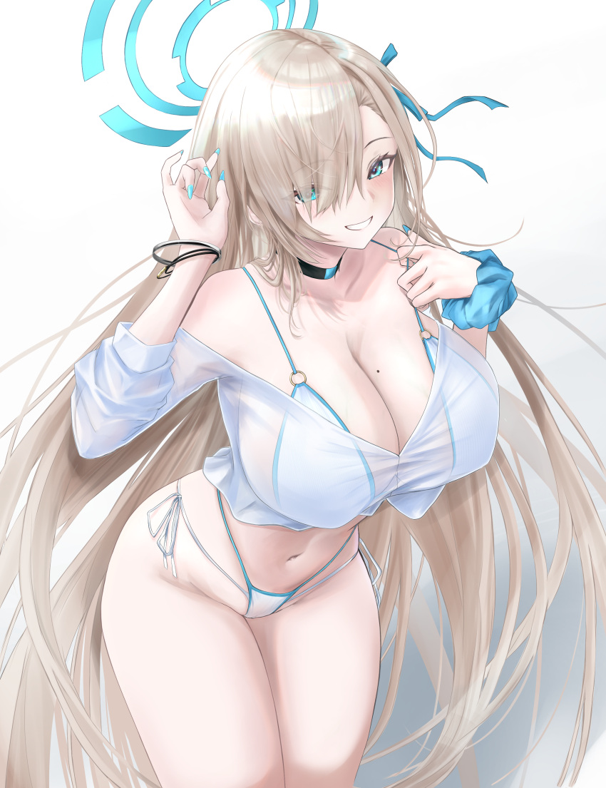 1girl absurdres alternate_costume aqua_eyes asuna_(blue_archive) bare_shoulders bikini black_choker blue_archive blue_nails blue_scrunchie blush breasts choker cleavage commentary_request covered_nipples cowboy_shot cropped_shirt grin hair_over_one_eye halo highres large_breasts light_brown_hair long_hair looking_at_viewer mole mole_on_breast multi-strapped_bikini_bottom nail_polish navel noa_(skae3323) off-shoulder_shirt off_shoulder scrunchie see-through see-through_shirt shirt side-tie_bikini_bottom sideboob smile solo swimsuit thighs veins veiny_breasts very_long_fingernails very_long_hair white_background white_bikini white_shirt wrist_scrunchie