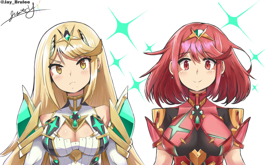 2girls absurdres armor bare_shoulders blonde_hair blush bodysuit breasts brown_eyes chest_jewel cleavage cleavage_cutout closed_mouth clothing_cutout commentary core_crystal_(xenoblade) english_commentary eyelashes gold_trim highres impossible_clothes justin_yamagiwa large_breasts long_hair looking_at_viewer medium_hair multiple_girls mythra_(xenoblade) pyra_(xenoblade) red_bodysuit red_eyes red_hair shadow shoulder_armor shoulder_cutout signature smile swept_bangs tiara twitter_username upper_body xenoblade_chronicles_(series) xenoblade_chronicles_2