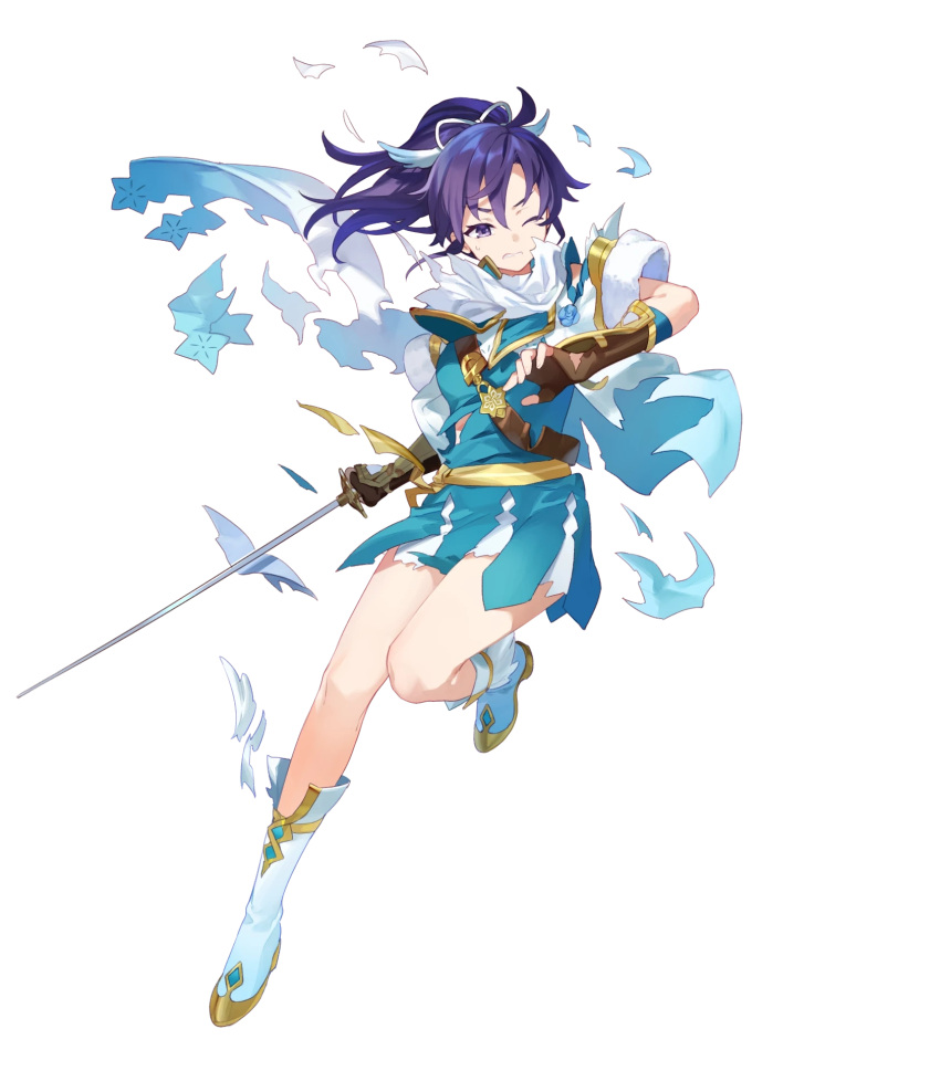 1girl ahoge alternate_costume arm_guards asahikawa_hiyori belt boots closed_mouth dress feather_trim fingerless_gloves fir_(fire_emblem) fir_(resplendent)_(fire_emblem) fire_emblem fire_emblem:_the_binding_blade fire_emblem_heroes full_body fur_trim gloves gold_trim gradient_clothes hair_ornament hand_up highres holding holding_sword holding_weapon knee_boots leg_up long_hair non-web_source official_alternate_costume official_art one_eye_closed purple_eyes purple_hair scarf short_dress short_sleeves side_ponytail solo standing sword torn_clothes torn_scarf transparent_background weapon