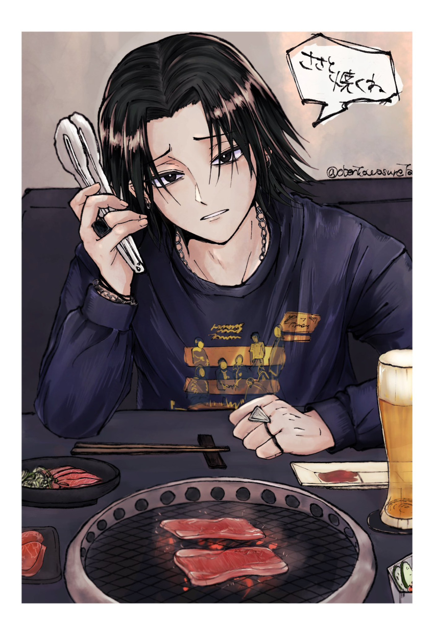 1boy alcohol alternate_costume beer black_hair bored chain_necklace covered_mouth feitan_portor food furrowed_brow glass highres holding_tongs hunter_x_hunter jewelry jitome long_sleeves looking_at_viewer male_focus meat necklace obentowasureta parted_lips pov_dating ring shirt short_hair solo t-shirt table translation_request