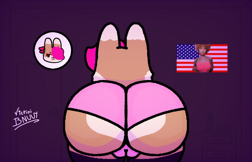 absurd_res anthro big_butt brown_body butt female first_person_view hair hi_res ice_spice lagomorph leporid mammal pink_hair rabbit simple_background solo solo_focus stars_and_stripes united_states_of_america vicky_bnuuy victini_bnuuy