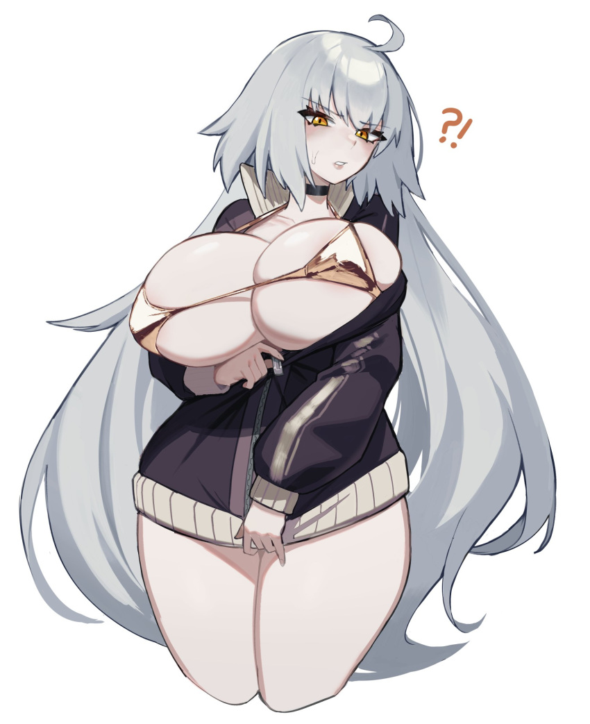 !? 1girl ahoge arm_under_breasts bikini black_choker blush breasts choker cleavage collarbone fate/grand_order fate_(series) gold_bikini grey_hair highres huge_breasts jacket jeanne_d'arc_alter_(fate) large_breasts long_hair long_sleeves looking_at_viewer open_clothes open_jacket orange_eyes parted_lips partially_unzipped psidubs pulled_by_self simple_background solo swimsuit thick_thighs thighs unzipped unzipping very_long_hair white_background zipper zipper_pull_tab