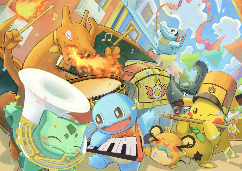 absurdres badge blue_bow blue_bowtie blue_sky blush bow bowtie breathing_fire brown_eyes bulbasaur charizard closed_eyes closed_mouth color_guard dedenne donphan drum_major drumsticks fire flute happy highres holding holding_drumsticks instrument keyboard_(instrument) marching_band music musical_note no_humans nostrils open_mouth pikachu pink_ribbon playing_instrument pokemon pokemon_(creature) ribbon sky snare_drum sousaphone squirtle string_of_flags totodile yamachi_nosuke