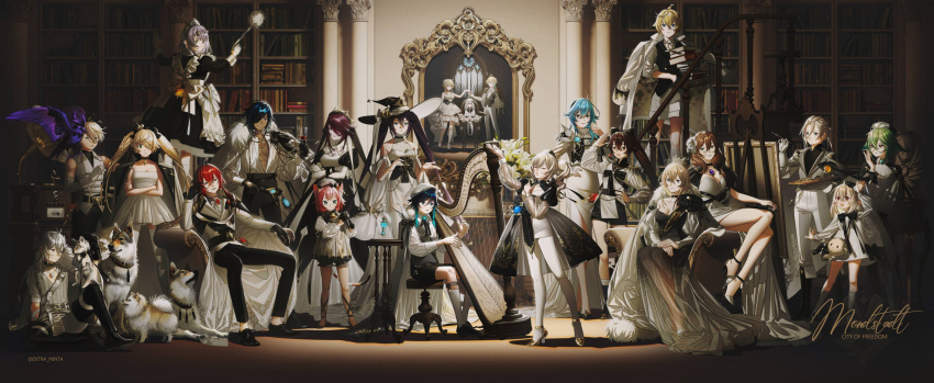 6+boys 6+girls abs absurdres aether_(genshin_impact) albedo_(genshin_impact) alcohol alternate_costume alternate_hairstyle amber_(genshin_impact) animal animal_ears apron aqua_hair barbara_(genshin_impact) bennett_(genshin_impact) bird black_gloves blonde_hair blue_hair book book_stack bookshelf boots braid breasts brown_hair cat_ears cat_girl cat_tail choker cleavage closed_eyes coat coat_on_shoulders crossed_arms cup dark-skinned_male dark_skin diluc_(genshin_impact) diona_(genshin_impact) dog dress drinking_glass duster english_commentary english_text eula_(genshin_impact) extra_minta eyepatch fischl_(genshin_impact) flower genshin_impact glasses gloves gnosis_(genshin_impact) green_hair grey_hair hair_between_eyes hair_flower hair_ornament hair_over_one_eye hand_on_own_chest hat highres holding holding_cup indoors instrument jean_(genshin_impact) kaeya_(genshin_impact) klee_(genshin_impact) large_breasts lisa_(genshin_impact) long_hair long_sleeves lumine_(genshin_impact) maid medium_breasts mika_(genshin_impact) mona_(genshin_impact) multicolored_hair multiple_boys multiple_girls noelle_(genshin_impact) oz_(genshin_impact) paimon_(genshin_impact) pants pantyhose pink_hair ponytail purple_hair razor_(genshin_impact) red_hair rosaria_(genshin_impact) see-through short_hair shorts sitting standing stool sucrose_(genshin_impact) tail toned toned_male twin_braids twintails twitter_username venti_(genshin_impact) vision_(genshin_impact) white_apron white_flower white_pantyhose wine wine_glass witch_hat wolf