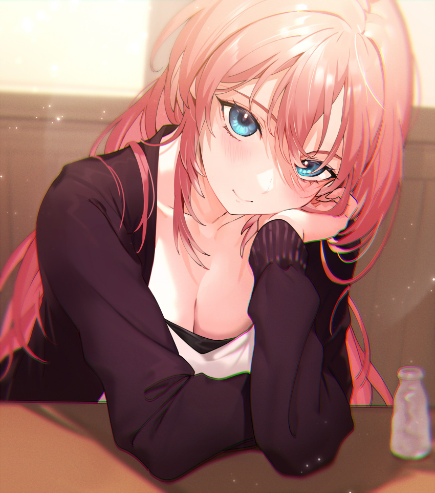 1girl black_cardigan black_undershirt blue_eyes blush bottle breasts cardigan casual collarbone elbow_rest hair_between_eyes hair_wings head_rest head_tilt head_wings highres hololive kakage large_breasts light_particles long_hair looking_at_viewer pink_hair sake_bottle shirt sitting smile solo takane_lui tokkuri upper_body virtual_youtuber white_shirt wings