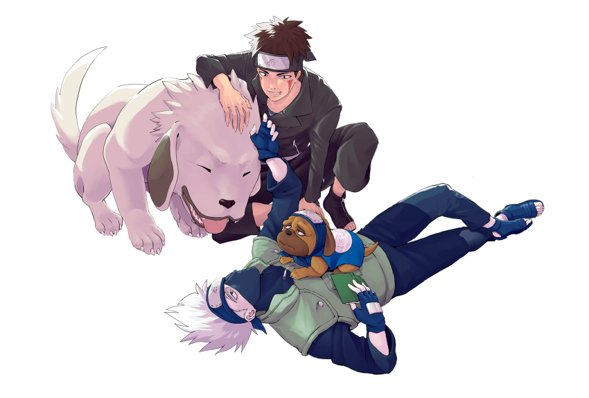 2boys akamaru_(naruto) black_footwear blue_footwear blue_gloves blue_pants book brown_hair closed_eyes dog dot facial_mark fingerless_gloves gloves hatake_kakashi headband highres holding holding_book inuzuka_kiba jacket lying male_focus mask mouth_mask multiple_boys naruto naruto_(series) ninja_mask ochama_pochama on_back one_eye_covered pakkun_(naruto) pants short_hair simple_background toeless_footwear tongue tongue_out vest white_background white_fur white_hair