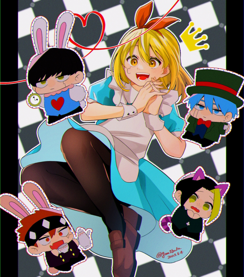 1girl 4boys :d alice_(alice_in_wonderland) alice_(alice_in_wonderland)_(cosplay) alice_in_wonderland animal_ears apron black_background black_hair bow bowtie brown_footwear brown_pantyhose cat_ears cat_tail cheshire_cat_(alice_in_wonderland) cheshire_cat_(alice_in_wonderland)_(cosplay) cosplay daut_barret dress fake_animal_ears fang finn_ames genjitsu_o_miro green_dress green_headwear grey_apron hairband happy highres lance_crown lemon_irvine long_hair mad_hatter_(alice_in_wonderland) mad_hatter_(alice_in_wonderland)_(cosplay) maid_apron march_hare_(alice_in_wonderland) march_hare_(alice_in_wonderland)_(cosplay) mash_burnedead mashle multiple_boys outline own_hands_together pantyhose puffy_short_sleeves puffy_sleeves rabbit_ears red_bow red_bowtie red_hair red_hairband short_hair short_sleeves skin_fang smile tail teeth tongue white_background white_outline white_rabbit_(alice_in_wonderland) white_rabbit_(alice_in_wonderland)_(cosplay)