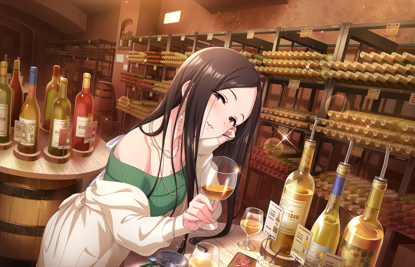 1girl bare_shoulders barrel blush bottle breasts brown_hair cleavage coat coat_partially_removed collarbone cup drinking_glass earrings food glint green_sweater ham hand_on_own_cheek hand_on_own_face head_rest hiiragi_shino idolmaster idolmaster_cinderella_girls idolmaster_cinderella_girls_starlight_stage indoors jewelry looking_at_viewer medium_breasts necklace off-shoulder_sweater off_shoulder official_art parted_bangs price_tag ribbed_sweater solo sparkle straight_hair sweater white_coat wine_bottle wine_cellar wine_glass