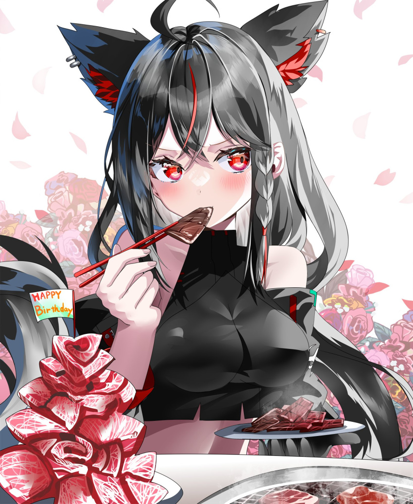 1girl ahoge animal_ear_fluff animal_ears black_gloves black_hair black_jacket black_shirt blush braid breasts chopsticks commentary_request crop_top earrings eating extra_ears fox_ears fox_girl fox_tail gloves grill hair_between_eyes happy_birthday highres holding holding_chopsticks hololive jacket jewelry kurokami_fubuki long_hair looking_at_viewer medium_breasts open_clothes open_jacket plate raw_meat red_eyes red_hair shirt sho_(runatic_moon) sidelocks single_braid single_glove sleeveless sleeveless_shirt sliced_meat solo tail virtual_youtuber yakiniku