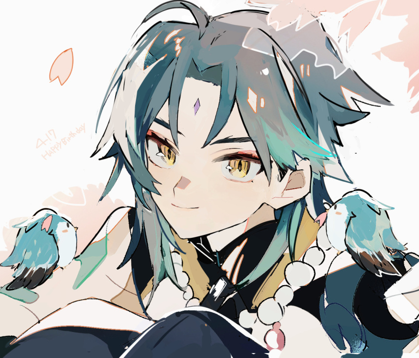 1boy animal_on_arm bare_shoulders bird bird_on_arm black_shirt blue_hair closed_mouth dated detached_sleeves falling_petals forehead forehead_jewel genshin_impact green_hair happy_birthday highres long_sleeves looking_at_viewer loomyoi2 male_focus multicolored_hair parted_bangs petals shirt simple_background sleeveless sleeveless_shirt smile solo two-tone_hair white_background xiao_(genshin_impact) yellow_eyes