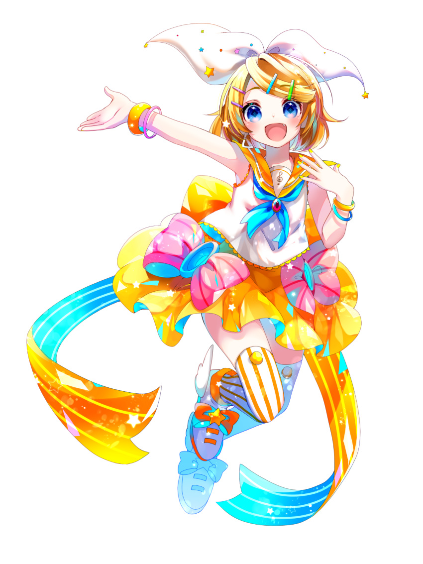 1girl :d blonde_hair blue_eyes boots fang hair_ribbon hand_up highres kagamine_rin looking_at_viewer multiple_bracelets open_mouth outstretched_hand ribbon sailor_collar shirayuki_towa shirt short_hair skirt smile solo striped striped_thighhighs thighhighs vocaloid white_ribbon white_shirt winged_footwear yellow_nails yellow_sailor_collar yellow_skirt