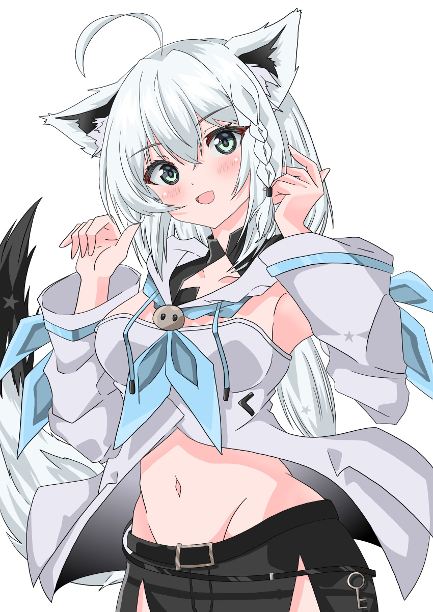 1girl absurdres ahoge amanotti_01 animal_ears black_shorts braid breasts detached_sleeves fox_ears fox_girl fox_tail grey_eyes highres hololive hood hoodie long_hair looking_at_viewer medium_breasts navel shirakami_fubuki shirakami_fubuki_(1st_costume) shorts single_braid smile solo tail virtual_youtuber white_hair white_hoodie white_sleeves