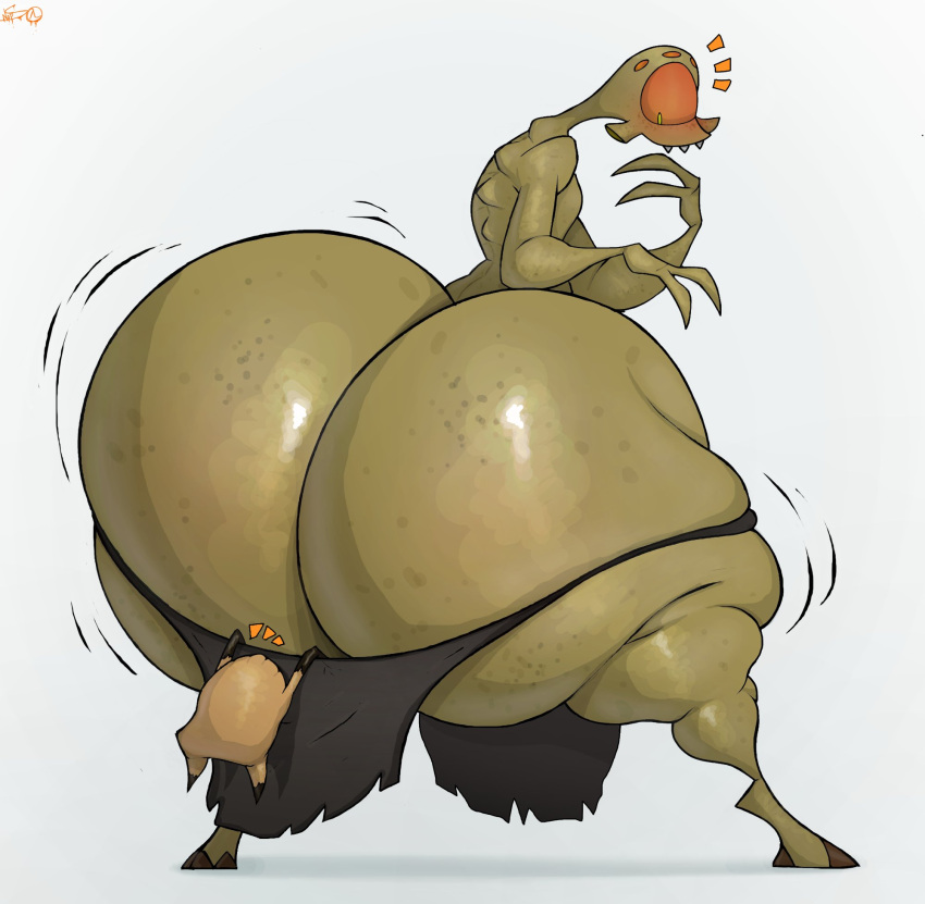 2023 2_fingers 4_eyes alien alien_humanoid ambiguous_gender anthro big_butt biped blush bottom_heavy bottomwear bottomwear_pull brown_body butt butt_focus butt_jiggle claws clothed clothing clothing_pull dark_loincloth digital_drawing_(artwork) digital_media_(artwork) duo emanata fingers freckles glistening glistening_body half-life headcrab hi_res huge_butt humanoid hyper hyper_butt jiggling light_brown_body loincloth loincloth_down loincloth_pull looking_back mostly_nude multi_eye not_furry parasite red_eyes schplingnops signature simple_background skimpy solo surprised_expression teeth thick_thighs valve vortigaunt wide_hips