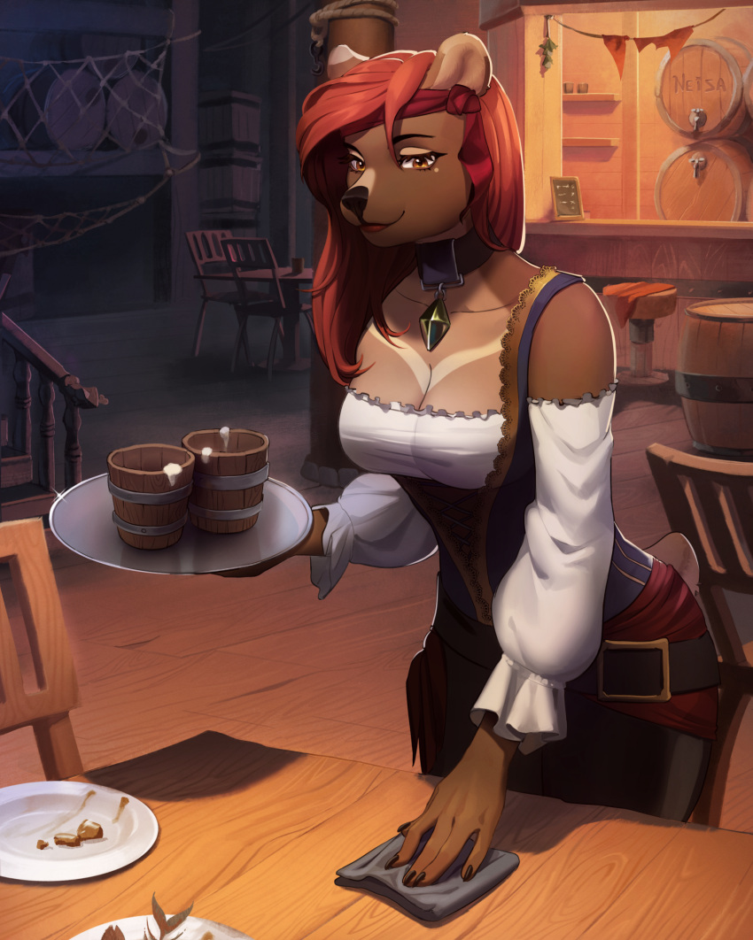 5_fingers alcohol anthro bear beer beverage biped black_nose bottomwear breasts brown_body brown_fur chair cleavage clothed clothing female fingers food fur furniture hair hi_res jewelry keg long_hair mammal mug necklace neisa opal_(jellydoeopal) plates serving_tray solo table tavern topwear waiter