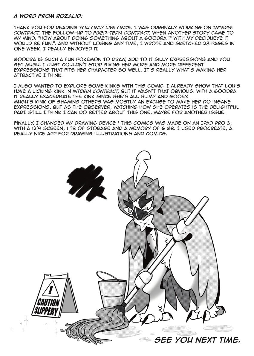 absurd_res angry anthro avian bird broom bucket cleaning cleaning_tool comic container decidueye ending english_text feathered_wings feathers generation_7_pokemon hi_res louis_(decidueye) male monochrome nintendo owl pokemon pokemon_(species) rozalid sign slime solo speech_scroll text wings you_only_live_once
