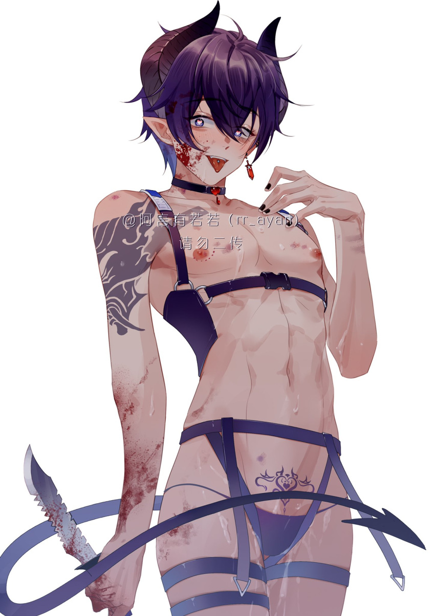 1boy abs arm_tattoo blood blood_on_arm blood_on_face demon_horns demon_tail earrings heart heart_in_eye highres holding holding_knife horns indie_virtual_youtuber jewelry knife male_focus muscular muscular_male nipples panties pointy_ears purple_hair rr_ayan scar scar_on_chest short_hair shoto_(vtuber) stomach_tattoo symbol_in_eye tail tattoo tongue tongue_out topless_male underwear virtual_youtuber