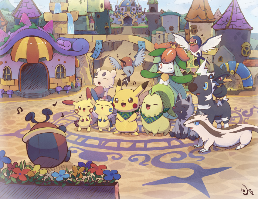 aquabluu blitzle blue_flower building chikorita closed_eyes fletchling flower flying fushigi_no_dungeon highres kricketot lilligant linoone mienfoo minun murkrow musical_note no_humans one_eye_closed open_mouth outdoors pikachu plusle pokemon pokemon_(creature) pokemon_(game) pokemon_mystery_dungeon red_flower taillow yellow_flower