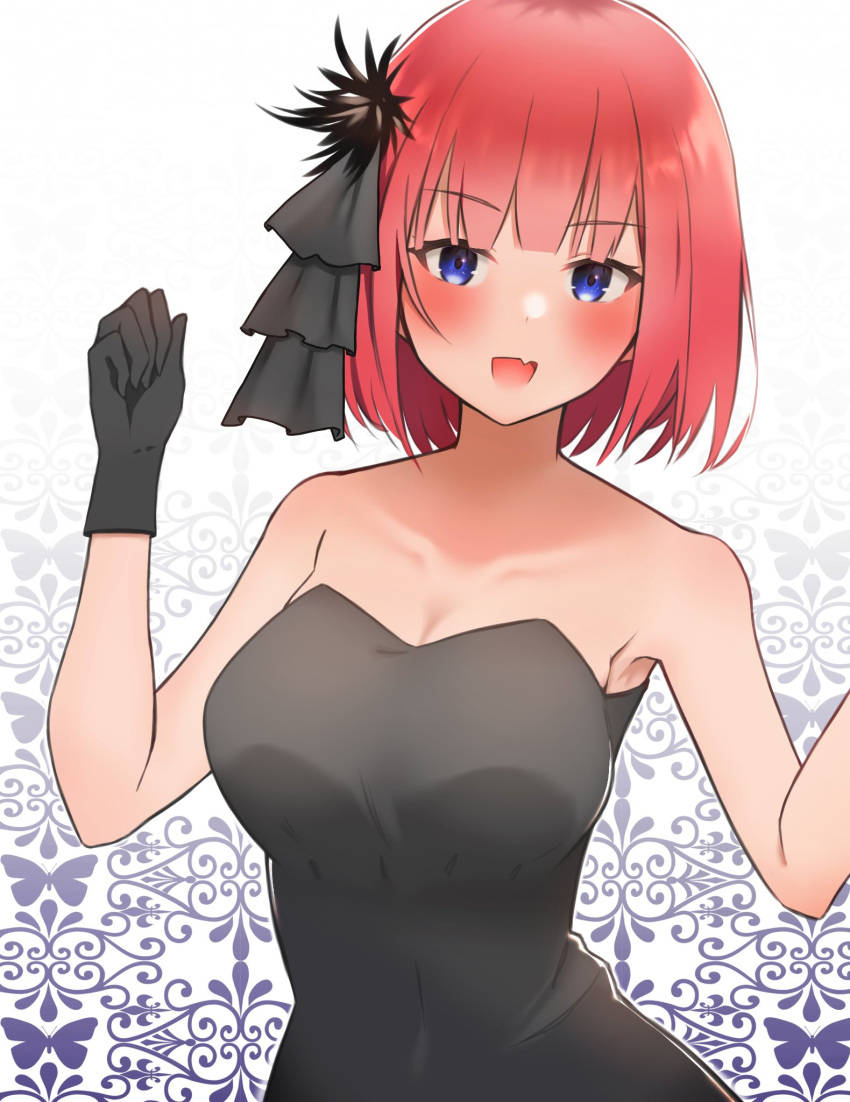 1girl :d alternate_costume alternate_hairstyle animal_print bare_shoulders black_bow black_dress black_gloves blue_eyes blush bow breasts butterfly_print cleavage collarbone commentary_request curvy dress eyelashes fang gloves go-toubun_no_hanayome hair_bow hands_up happy highres kakato_0 large_breasts looking_at_viewer medium_hair nakano_nino open_mouth red_hair simple_background skin_fang smile solo straight_hair strapless strapless_dress upper_body w_arms white_background