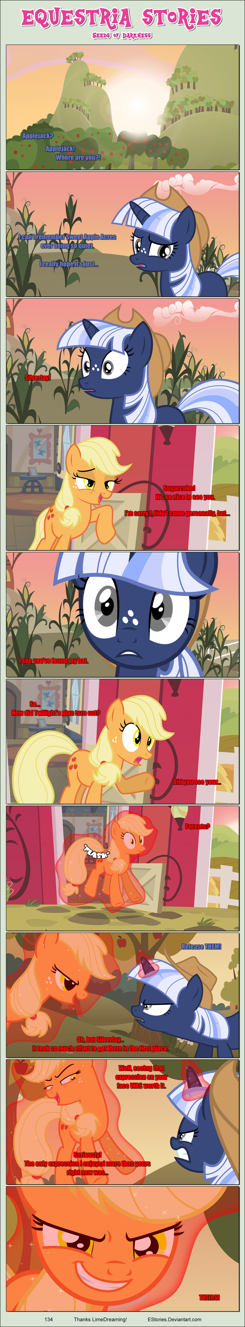 absurd_res angry applejack_(mlp) bangs black_border border clenched_teeth cutie_mark duo earth_pony equid equine estories female feral freckles friendship_is_magic glowing glowing_horn grin hasbro hi_res hill horn horse long_image magic_user mammal my_little_pony narrowed_eyes outside plant pony red_glow red_magic silverlay_(estories) smile sun sweet_apple_acres tall_image teeth tree unicorn white_freckles wide_eyed yellow_eyes