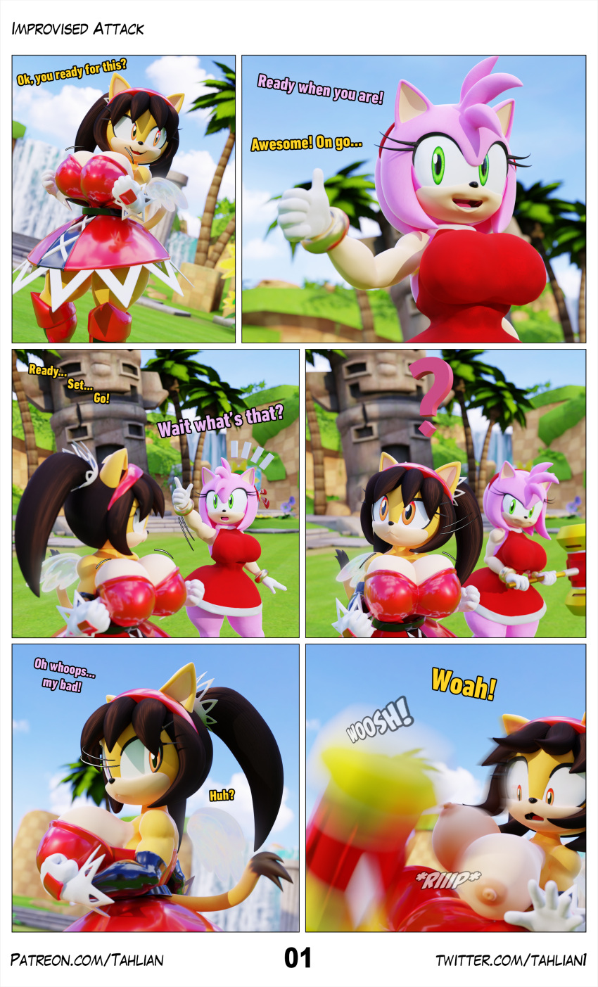 3d_(artwork) absurd_res accessory amy_rose anthro big_breasts blender_(software) breasts clothing comic dialogue digital_media_(artwork) distraction domestic_cat duo english_text eulipotyphlan felid feline felis female fight gesture headband hedgehog hi_res honey_the_cat mammal motion_blur nipples piko_piko_hammer pointing question_mark sega sonic_the_fighters sonic_the_hedgehog_(series) sound_effects tahlian text thick_thighs torn_clothing wide_hips