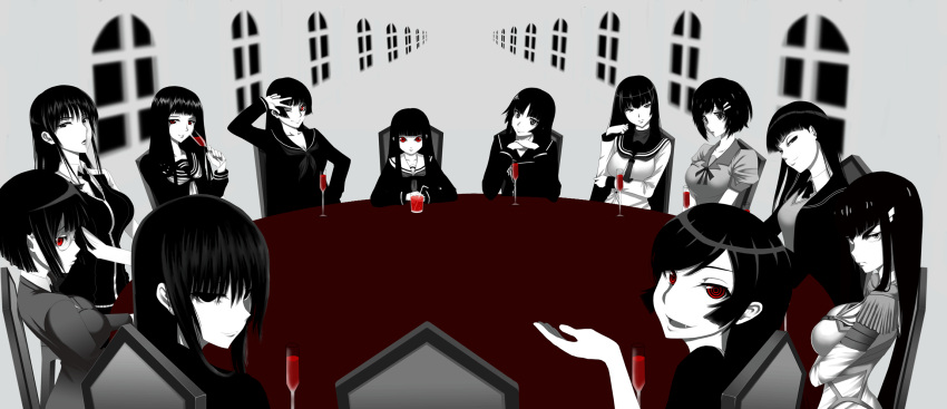 6+girls amagami atlach-nacha ayatsuji_tsukasa black_hair blunt_bangs breasts chair closed_mouth color_connection commentary_request crossover cup drinking_glass durarara!! enma_ai from_side ga-rei hagoromo_gitsune hair_color_connection hand_up hanekawa_tsubasa highres hirasaka_hatsune isayama_yomi jigoku_shoujo kagari_ayaka kaibutsu_oujo kampfer kamura_reiri kanoe_yuuko kill_la_kill kiryuuin_satsuki large_breasts long_hair long_sleeves looking_at_viewer medium_breasts monochrome monogatari_(series) multiple_crossover multiple_girls naoetsu_high_school_uniform nurarihyon_no_mago open_mouth own_hands_together raira_academy_school_uniform red_eyes sangou_shizuku school_uniform serafuku short_hair short_sleeves sidelocks simadu-kazuhisa sitting smile sonohara_anri spot_color tasogare_otome_x_amnesia upper_body window wine_glass witch_craft_works