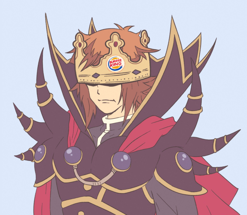 1boy :i armor blue_background breastplate brown_hair burger_king cape closed_mouth crown expressionless highres ichigokitten male_focus multicolored_hair red_cape short_hair simple_background solo supreme_king_(yu-gi-oh!_gx) two-tone_hair upper_body yu-gi-oh! yu-gi-oh!_gx yuuki_juudai